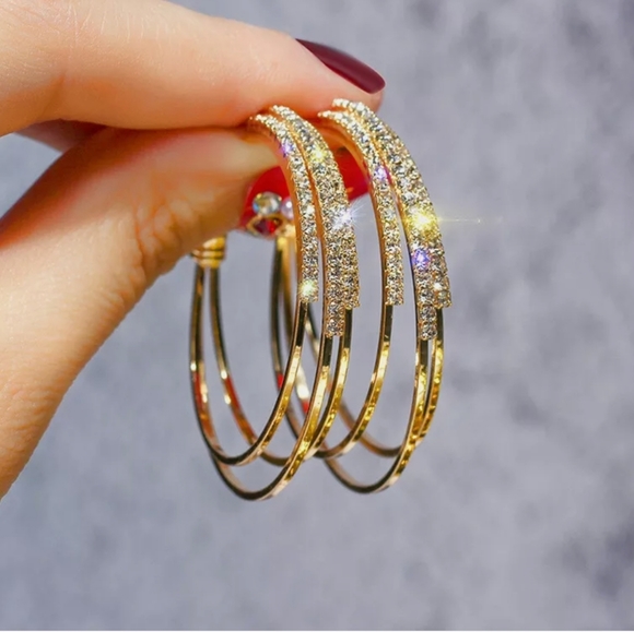 Yellow Gold Hoop Pave Diamond Earrings - Picture 2 of 8